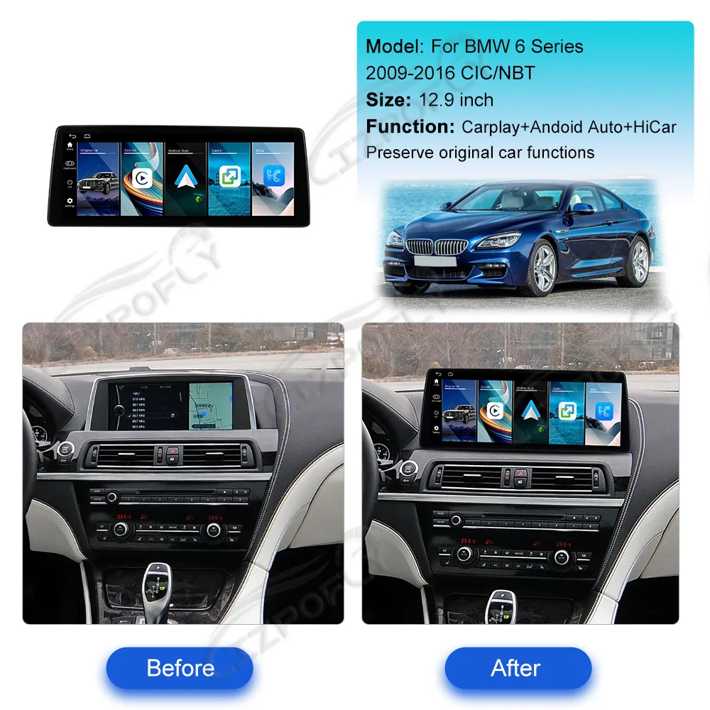 12.9 Inch Linux Screen Mirror Link For BMW 6 Series 2009-2016 CIC/NBT Upgrade Wireless CarPlay Auto Car Radio IPS Head Unit