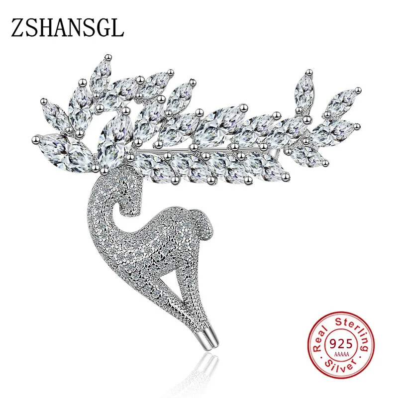 Women Fashion Luxury 925 Sterling Silver Shiny Crystal CZ Cute Deer Reindeer Brooch For Lady Party Brooches Pins Gift Jewelry