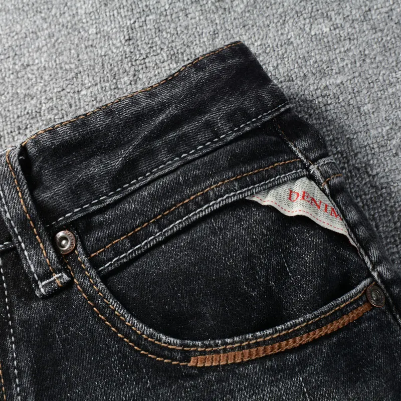 Italian Style Fashion Men Jeans High Quality Retro Black Gray Stretch Slim Fit Ripped Jeans Men Vintage Designer Denim Pants