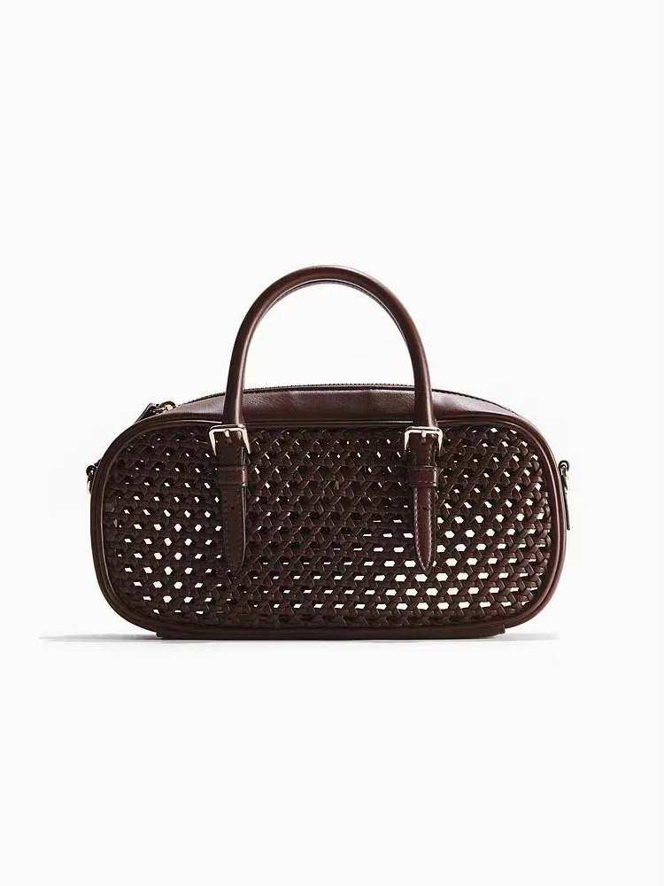

New Retro Hollowed Out PU Leather Handbag Women Boston Bag City Daily Commuting Shoulder Crossbody Bag Leisure Woven Tote Bag