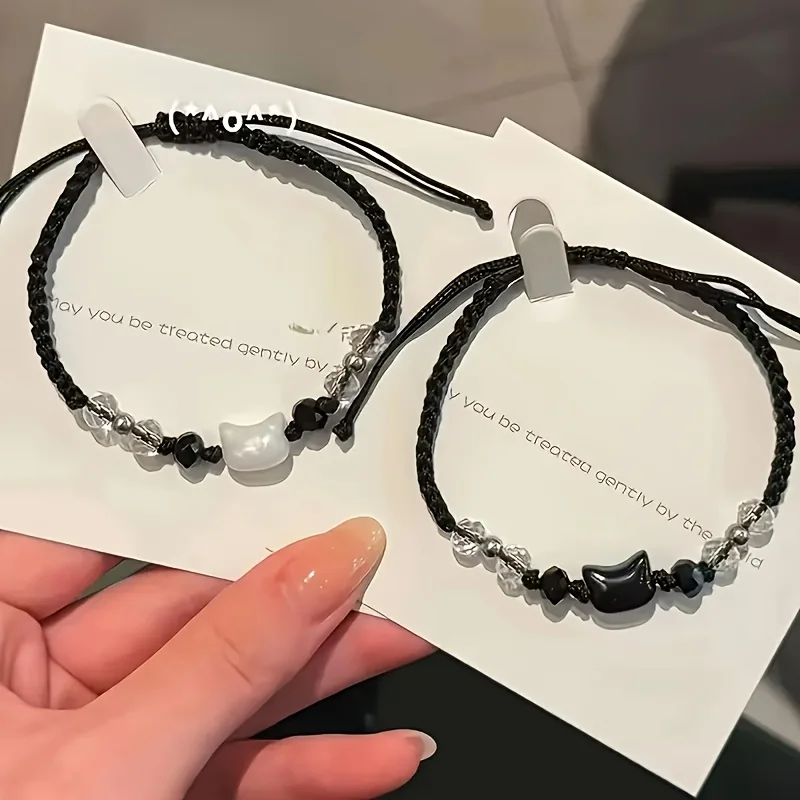 

Lovely Cat Charm Adjustable Rope Bracelet Set 2Pcs Couple Best Friend Jewelry For Daily Dating Anniversary Holiday Gift