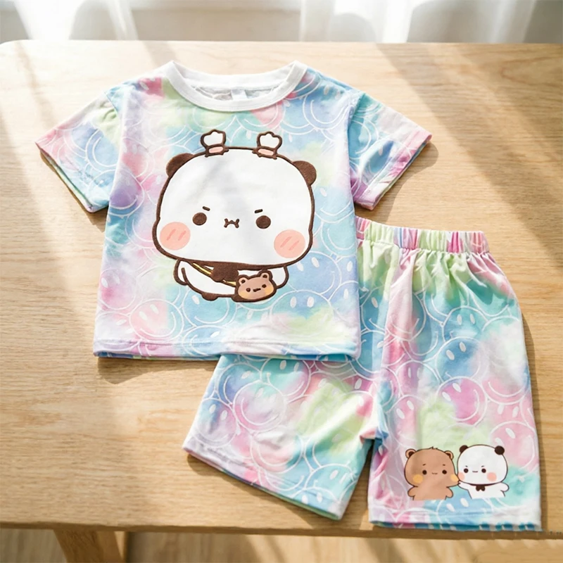 Bubu Yier Panda Bear Children Smiley Face Set Anime Character Printe Short Two Piece Suit Girls Kawaii Summer Casual Clothing