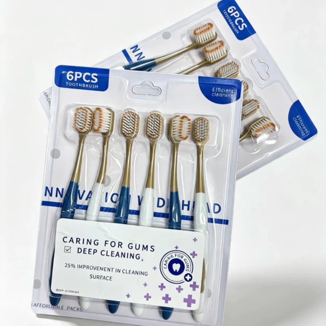 Cost effective and economical wide head household 6-pack adult soft bristled toothbrush for both men and women
