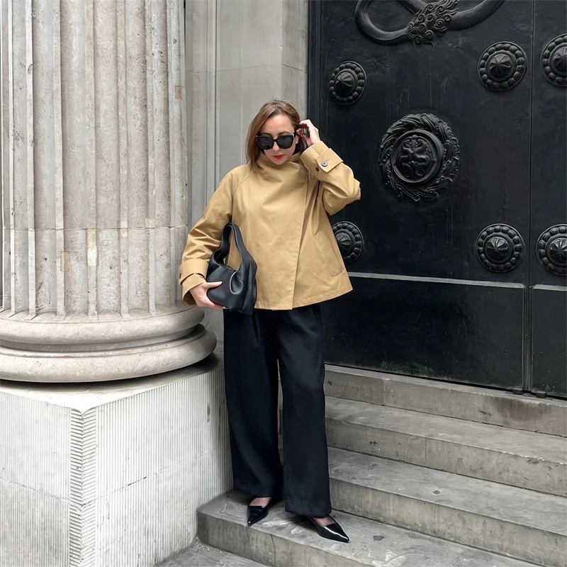 Ladies Casual Asymmetric Wrap Short Trench Coat Stand Collar Raglan Long Sleeve Loose Cropped Jacket Outerwear for Daily Look