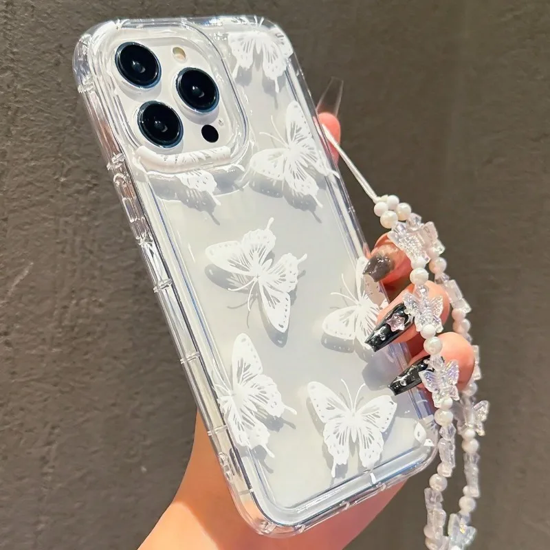 Butterfly Pattern Phone Case For iPhone 18 17 Air 16 15 14 13 12 11 Pro Max 16E X XR XS 7 8 Plus Transparent Cover With Lanyard
