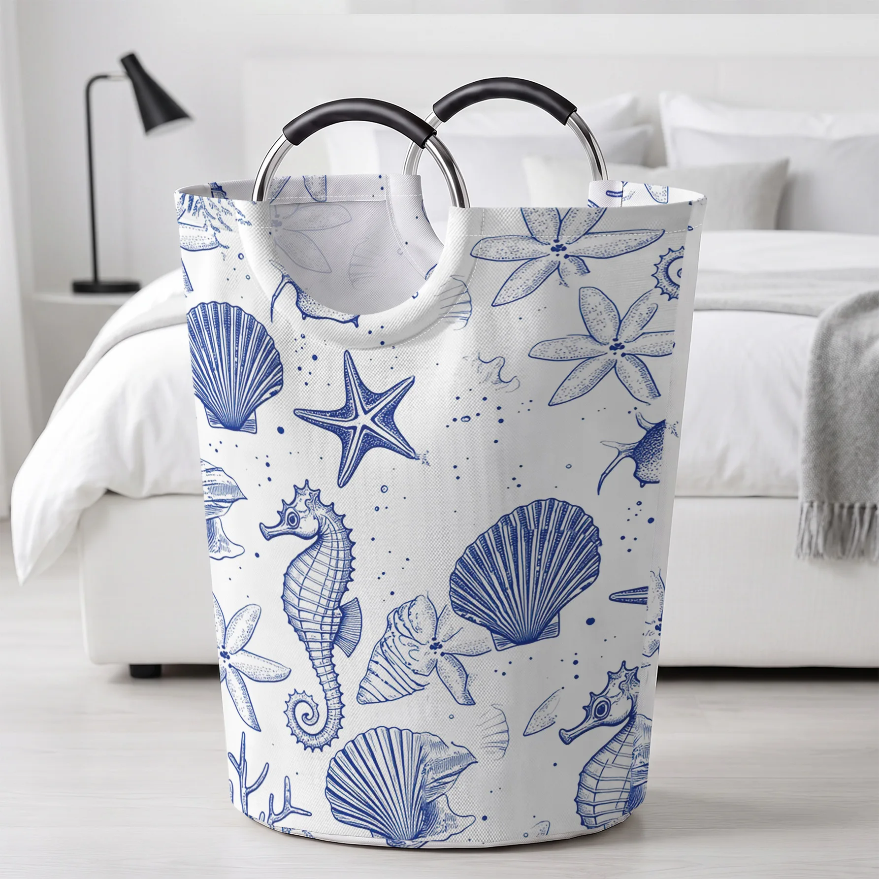Blue Line Sketch Seahorse Shell Starfish Handheld Storage Basket, For Laundry, Bedroom & Home Sundries Storage