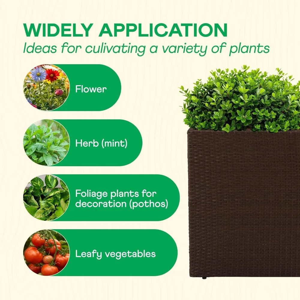 سرير حديقة مرتفع لزراعة الخوص في جميع الأحوال الجوية، وعاء زهور الروطان ذاتي السقي بطول 24 بوصة للاستخدام الداخلي والخارجي #4