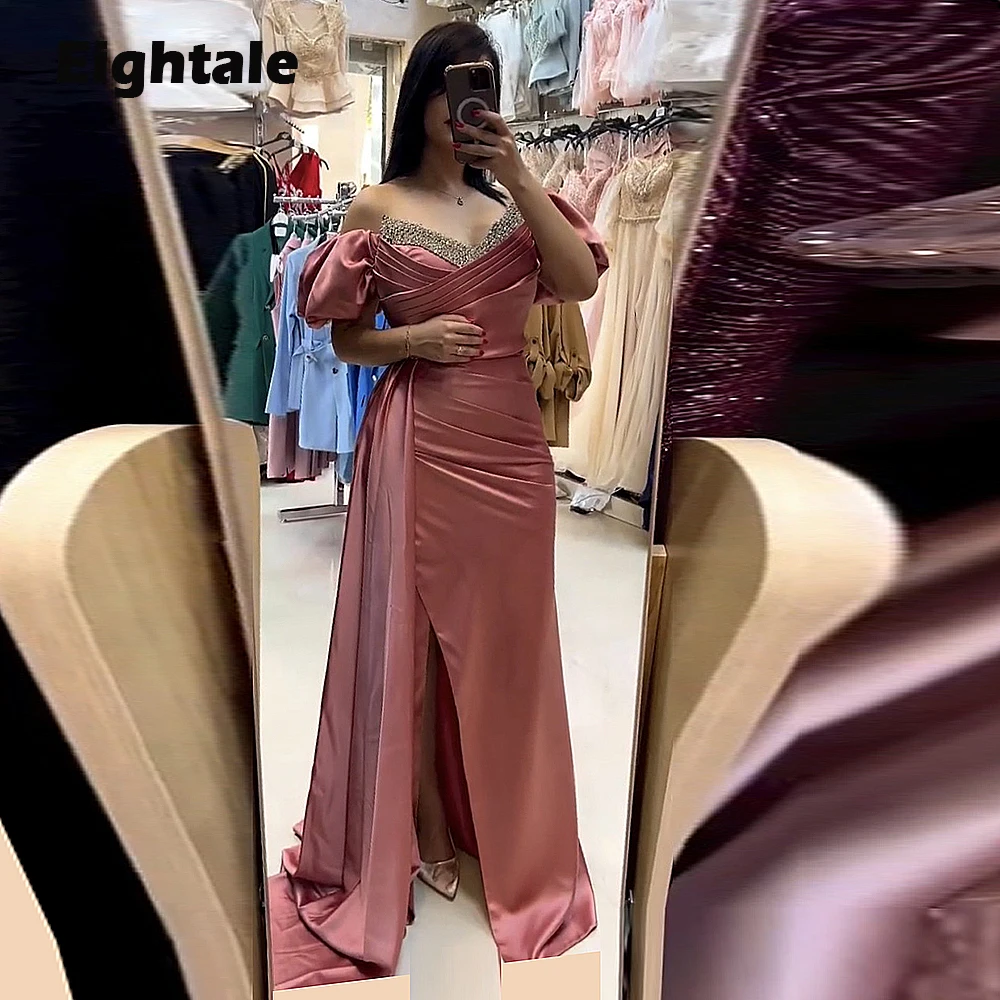 Eightale Arabic Evening Dresses Sexy Beaded Short Sleeves Satin Dubai Formal Mermaid Celebrity Prom Party Gowns for Wedding