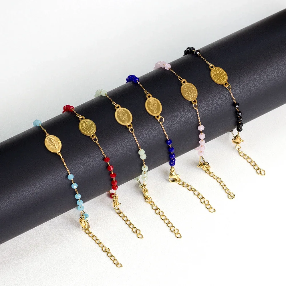 LUXUKISSKIDS Rosary Jesus Beads Bracelets Multicolor Stainless Steel Cross Christian Link Chain Enamel Prayer Hand Jewelry Gifts