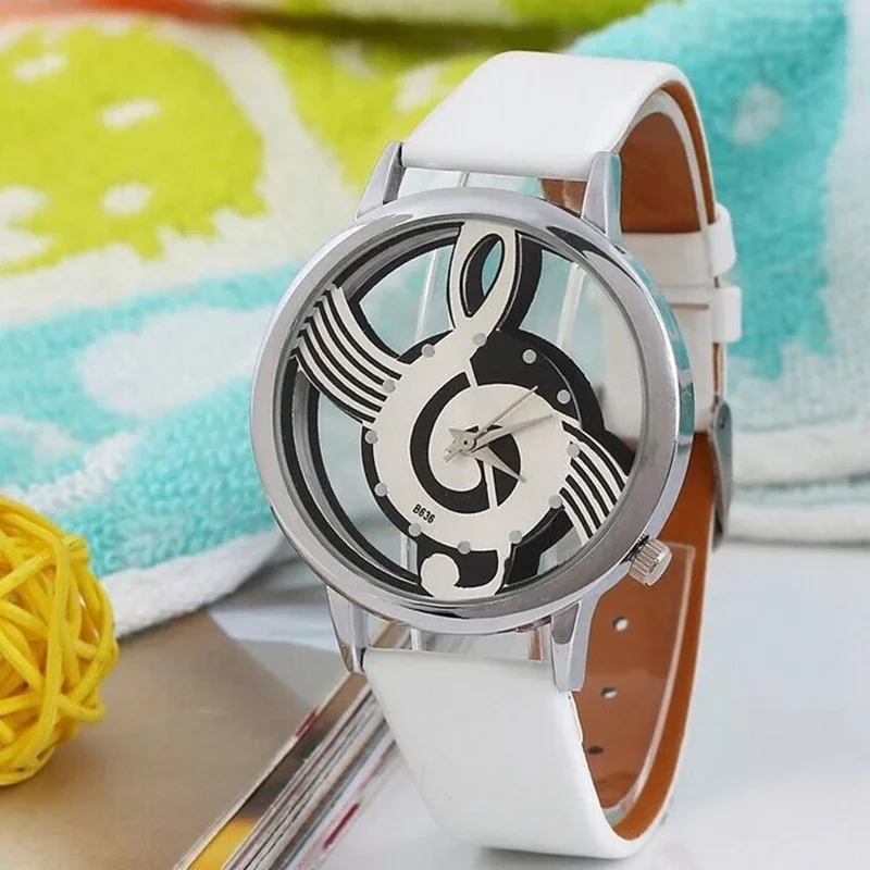 Reloj con forma de música hueca a la moda, esfera redonda, exquisito reloj de pulsera sencillo informal de cuero blanco y negro para mujer, Relojes, envío directo