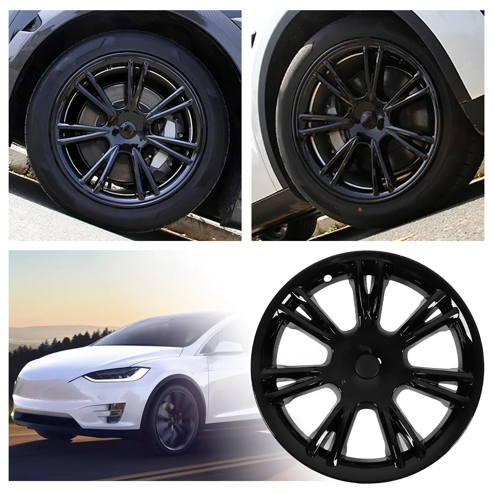 4PCS Car Hub Caps Waterproof Wheel Rim Cover Hubcaps Exterior Accessories Replacement For Tesla Model Y 2020 to 2023 Glossy Blac