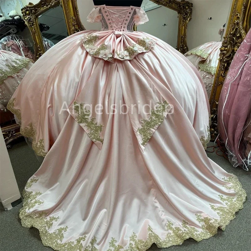 Angelsbridep-Vestido de baile de cetim rosa, vestidos Quinceanera, vestido de festa Flora 3D, apliques dourados, 2022