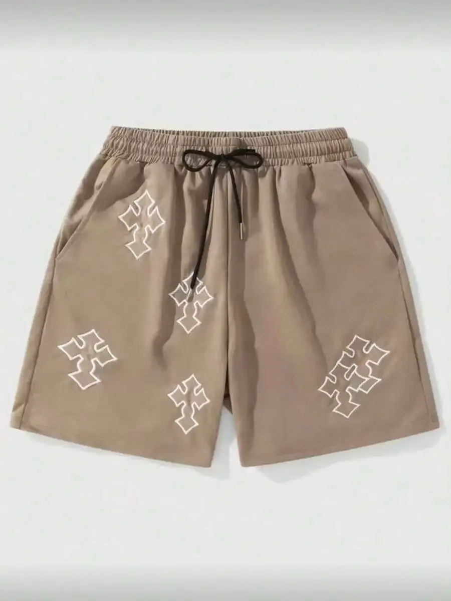

Mens Cross Embroidered Casual Shorts Loose Straight Elastic Waist Drawstring Streetwear