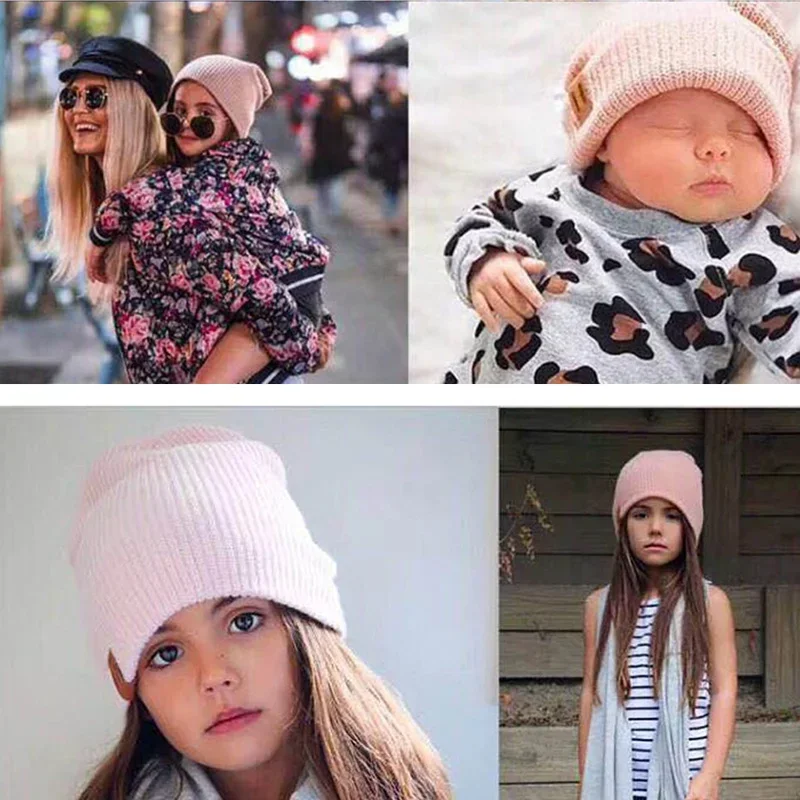 Baby Knit Hat for Boys Girls Autumn Winter Warm Kids Beanie Adult Children Parent-Child Hats Newborn Baby Cap with Leather Label