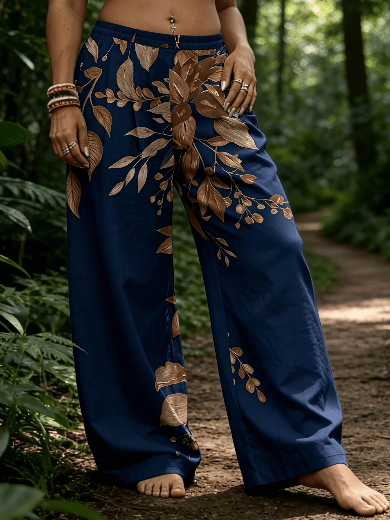 Women'S Wide-Leg Pants, Brown Leaf-Patterned Texture, Suitable for Beach Breathable, Comfortable to Wear.
