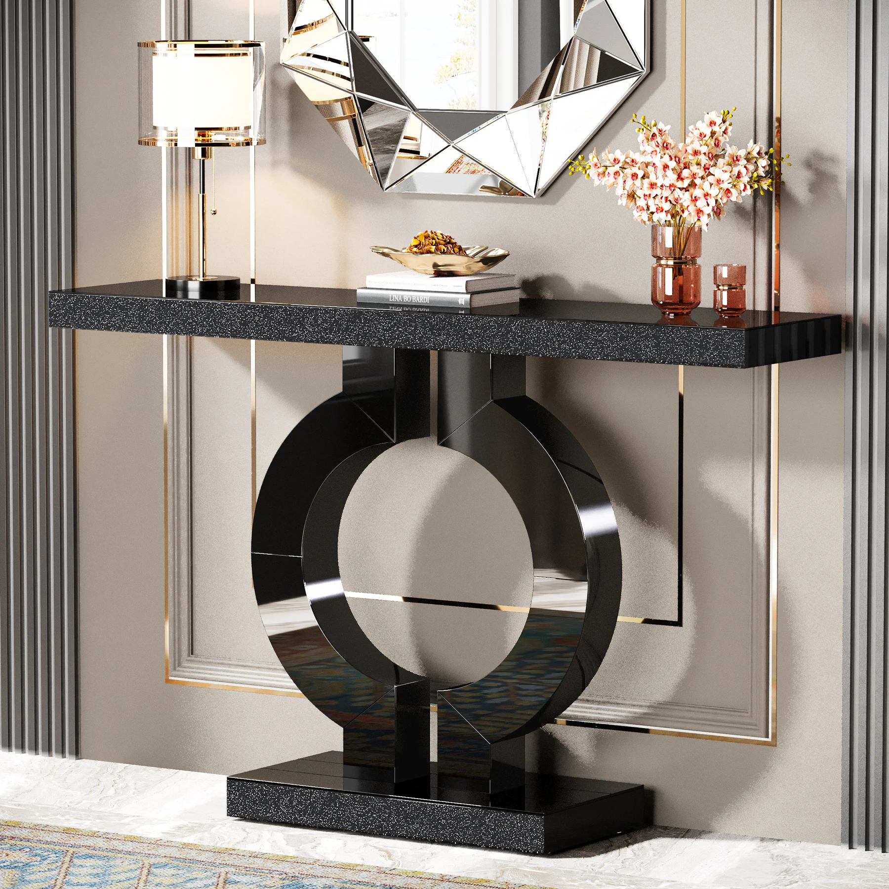 Tribesigns 43-Inch Modern Mirrored Console Table, Glass Sofa Table with Mirror Finish, Entryway Table with O-Shaped Base, Rectan