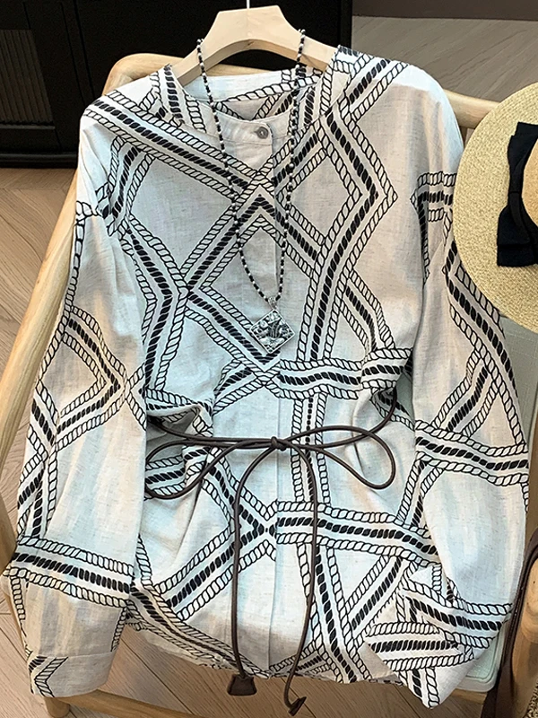 Retro Lose Runde Ne Lange Sve Baumwolle Leinen irt Frauen Herbst 2025, Neue Sle Gedruckt Cord ass Muster Atmungsaktive top