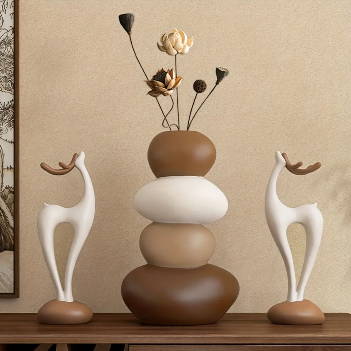 Deer Figurine with Vase Home Decor Good Luck Charm for Living Room Dining Table Gift
