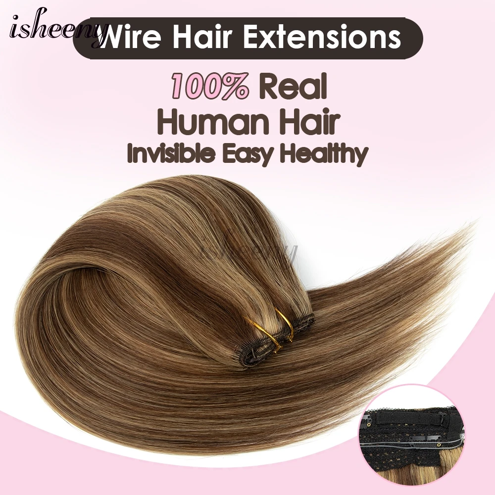 70G-100G Wire In Human Hair Extensions Straight Natural Hair Extensions Thick Hair End Highlight Hairpiece Invisible Fish Line