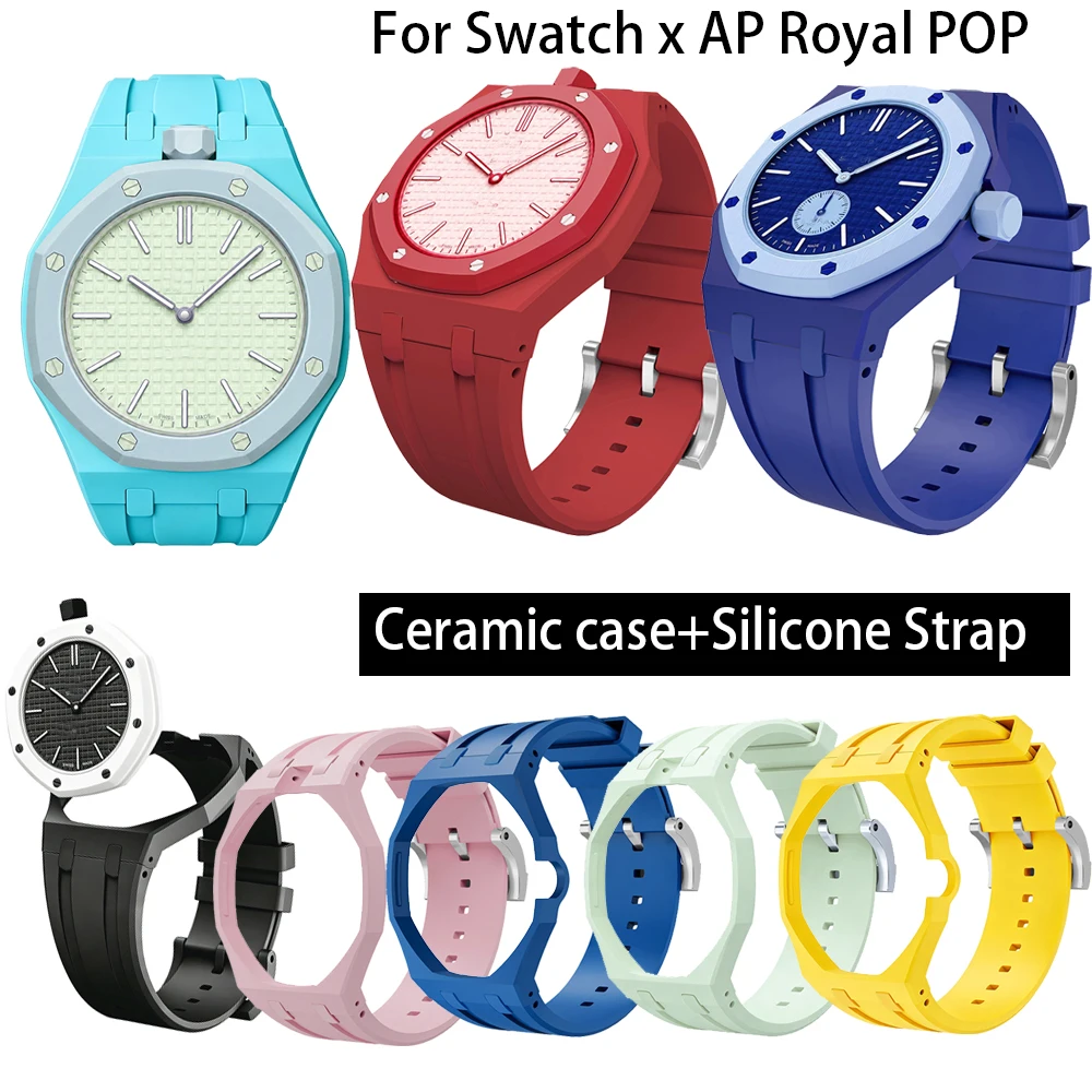 Ceramic Case & Silicone Strap for Swatch X AP Royal Pop Pocket Watch Changer to Wristwatch Bioceramic Modification Kit Wirstband