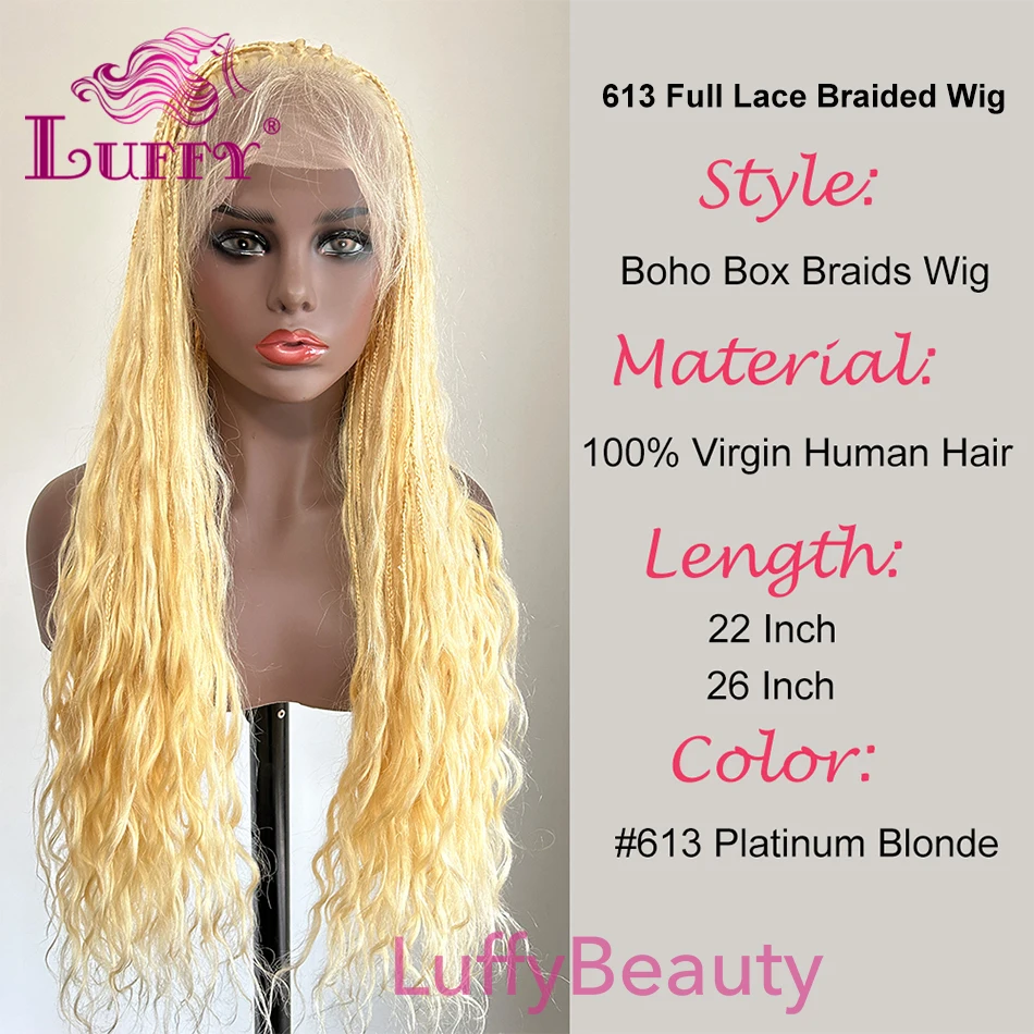 Boho Box Braids Wigs #613 Blonde Full Lace Wig 100% Human Hair 300Density Knotless Pre Plucked With Baby Hair Glueless Wigs