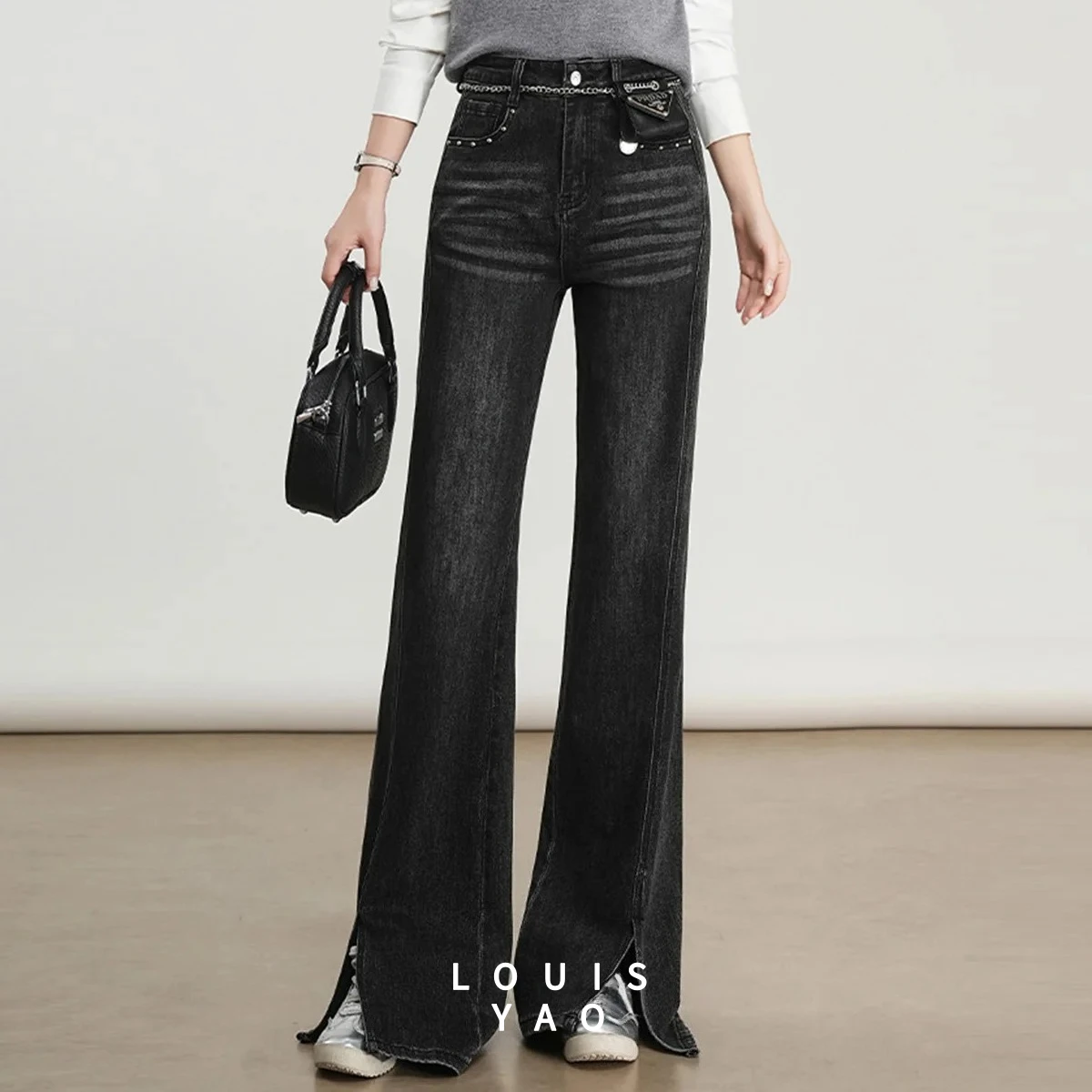 LOUISYAO Leg Split Flared Denim Pants Women 2025 Autumn High Waisted Rivet Decorated Slightly Stretchy Long Jeans Best Seller 