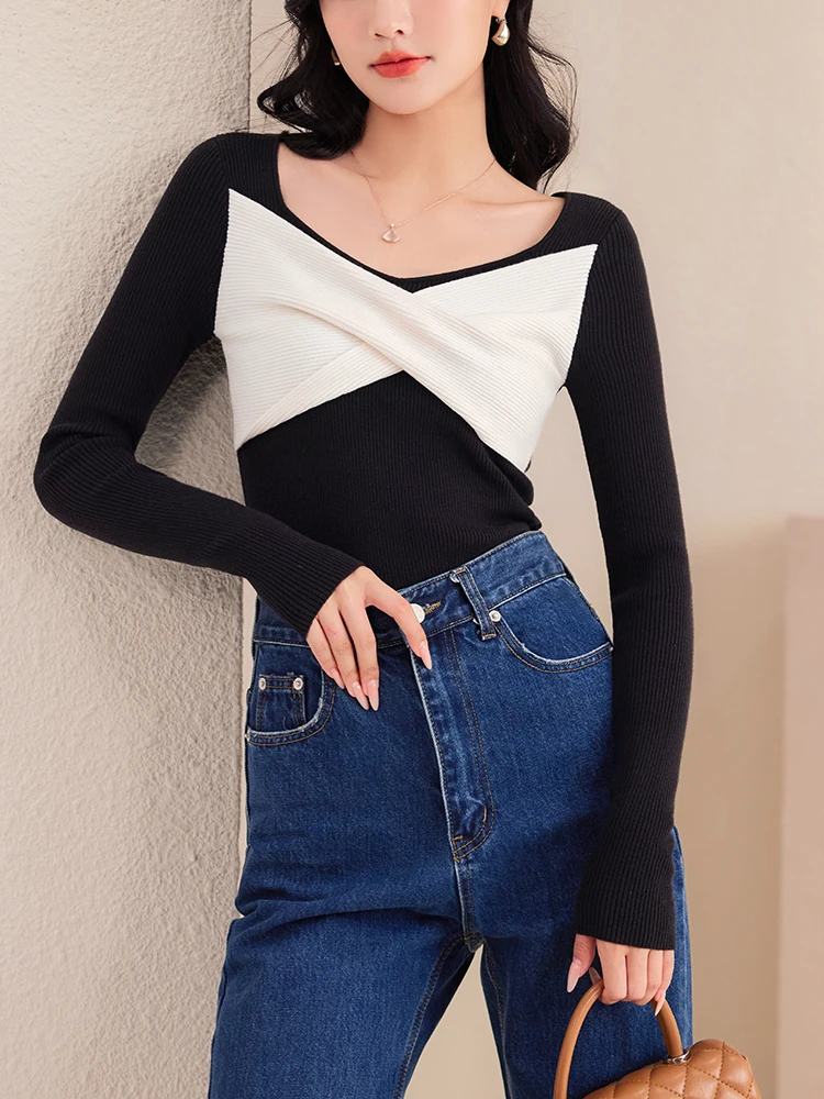 QOERLIN Fashion Slim-Fit Knitted Tops Black Sweater Patchwork Criss-Cross Jumper Women 2023 New Fall Winter Basic Tops Pullovers