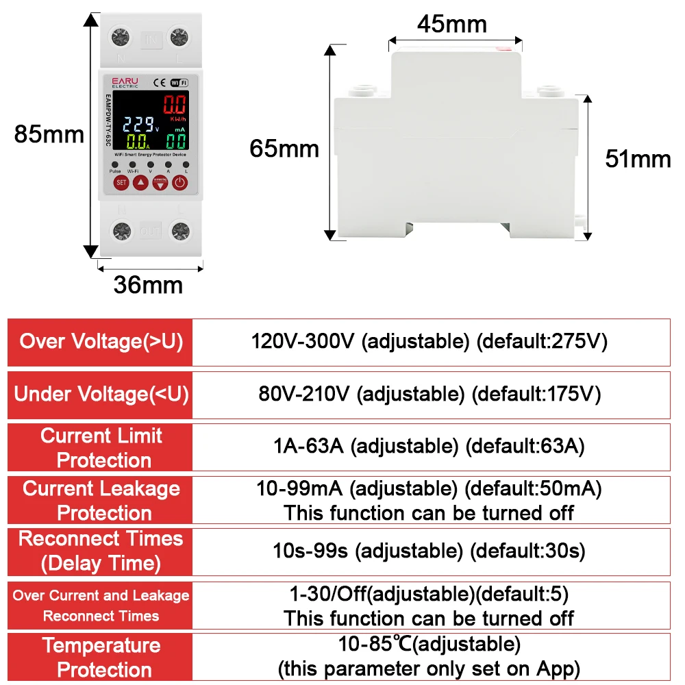 2P 63A TUYA APP WiFi Smart Circuit Earth Leakage Over Under Voltage Protector Relay Device Switch Breaker Energy Power kWh Meter