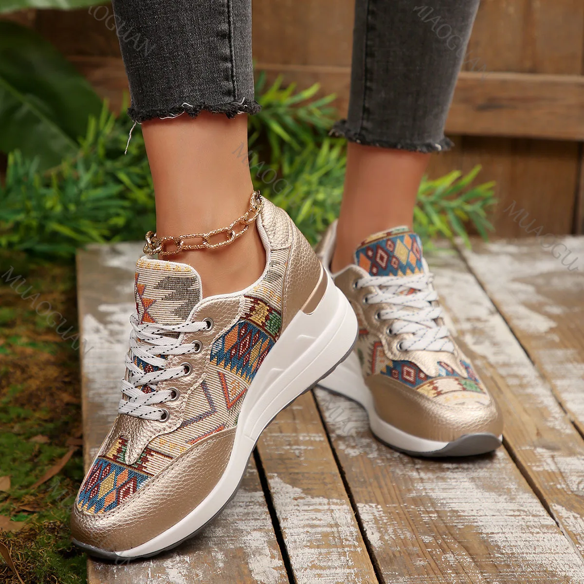 Women's Shoes Spring Autumn Casual Sneakers Wedges Ethnic Style Colorblocking Round Toe Vulcanize Shoes Lace Up Large Size Tenis