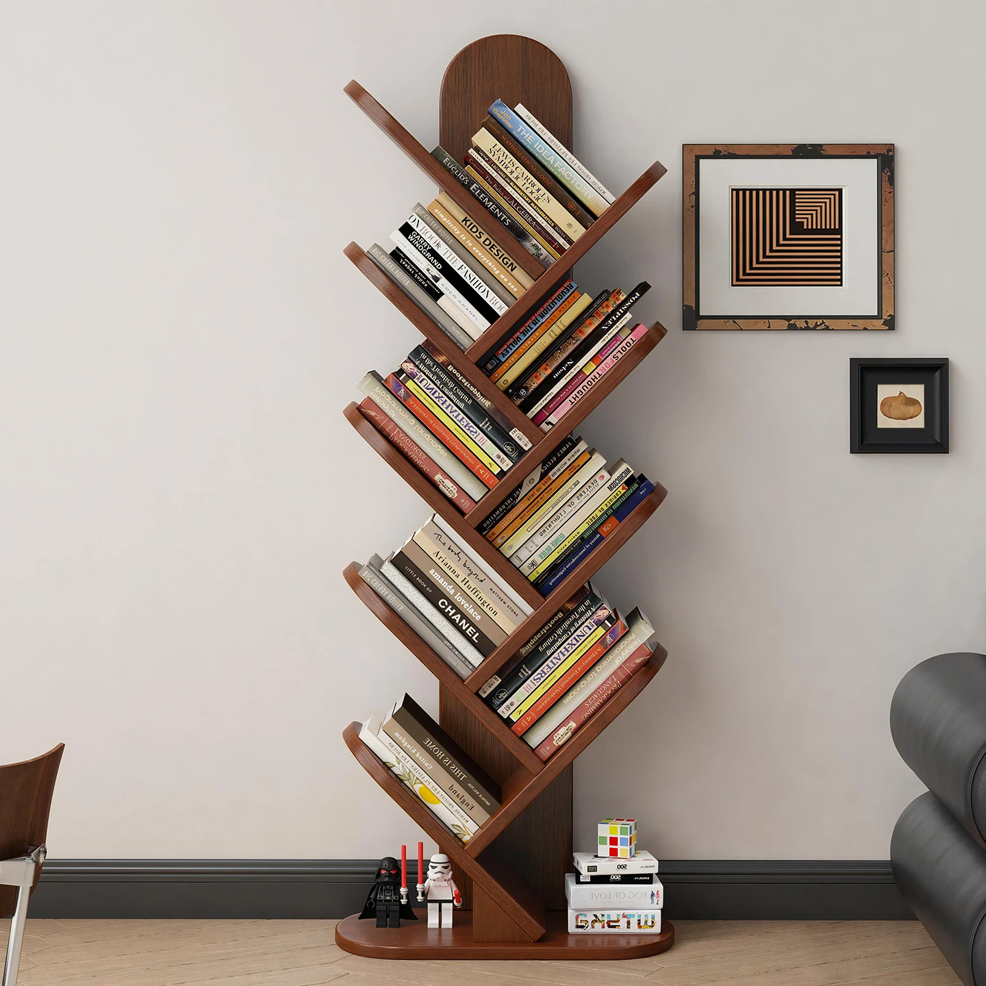 Solid wood bookshelf tree-shaped large-capacity storage rack is integrated against the wall