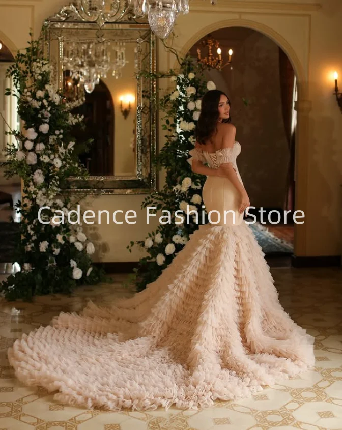 Великолепные свадебные платья русалки без бретелек по индивидуальному заказу, корсет, аппликации из бисера, бретели сзади, многослойные кружевные юбки