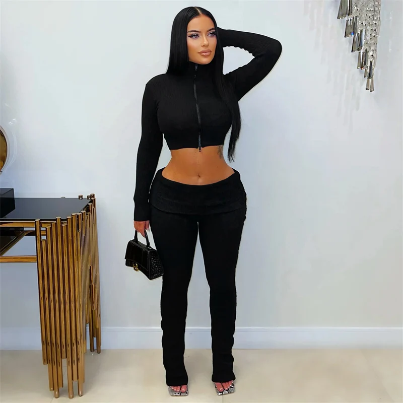 Solide gestrickte gerippte zweiteilige Set Frau Trainingsanzug Club tragen Langarm Reißverschluss Rollkragen Crop Top und Hosen passende Sets Outfits