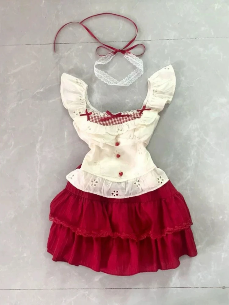 2025 verano dulce encaje Patchwork lindo traje mujeres encantador arco Tops + Mini faldas de pastel nueva moda japonesa Kawaii Slim 2 piezas conjunto