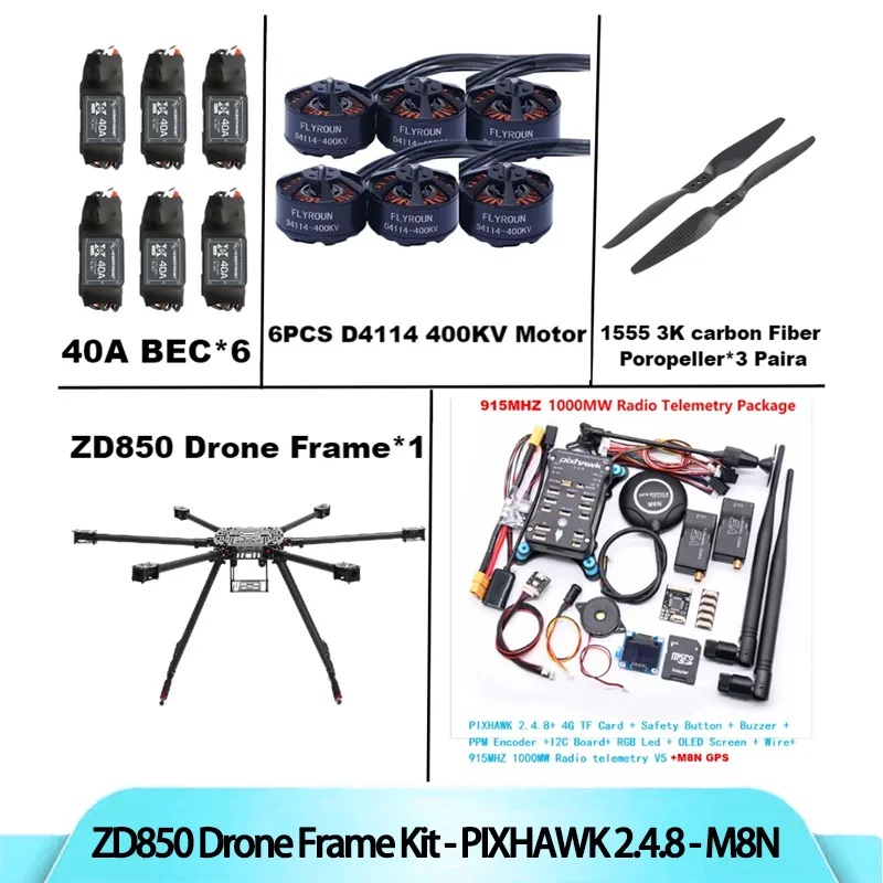 

ZD850 Pixhawk 2.4.8 M8N Full Carbon Fiber 850mm Hexa-Rotor Frame BLHELI 40A ESC Flight Comtrol Radio Telemetry Set