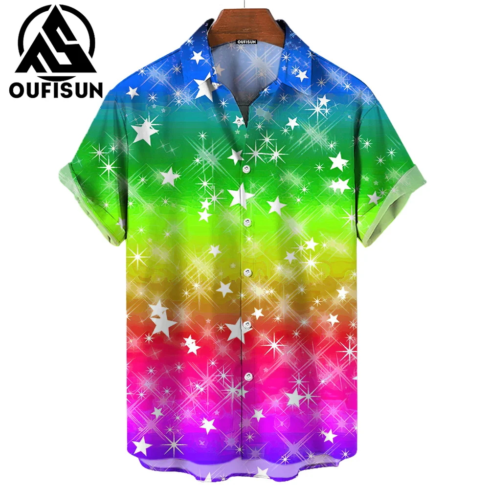 New Summer Fashion Pride Month Party Rainbow Print Men\'s Short Sleeve Casual Shirt Tops Street Trend Party Oversized Shirt S-5XL