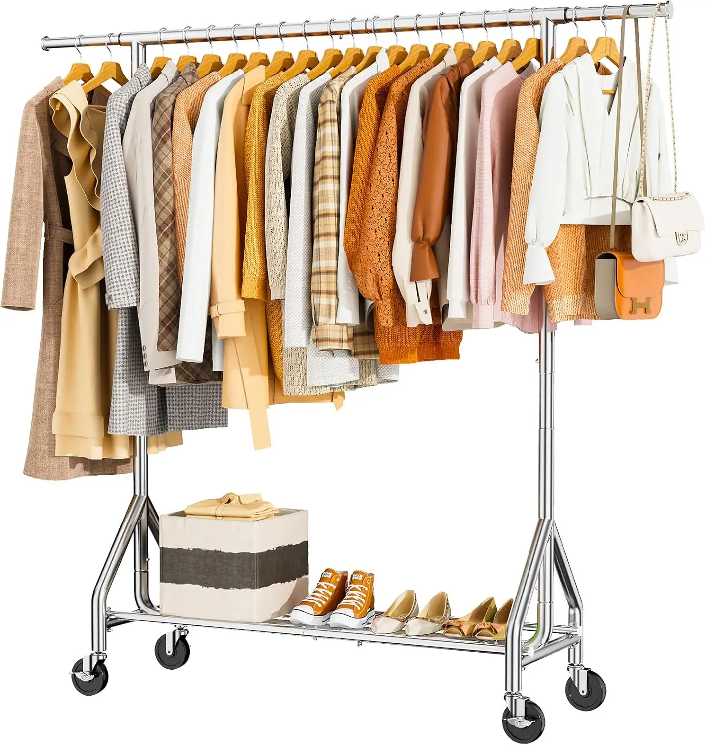 Duty Clothes Rack Load 450 LBS, Metal Garment Rack, Standing Rolling Clothing Rack for Hanging Clothes with Sturdy Wheels