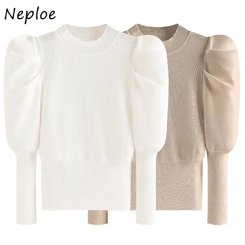 Neploe Slim High Waist Puff Sleeve Sweater Women Solid Color Knitting Pullover Shirt Woman Half-high Collar Bottoming Sweaters