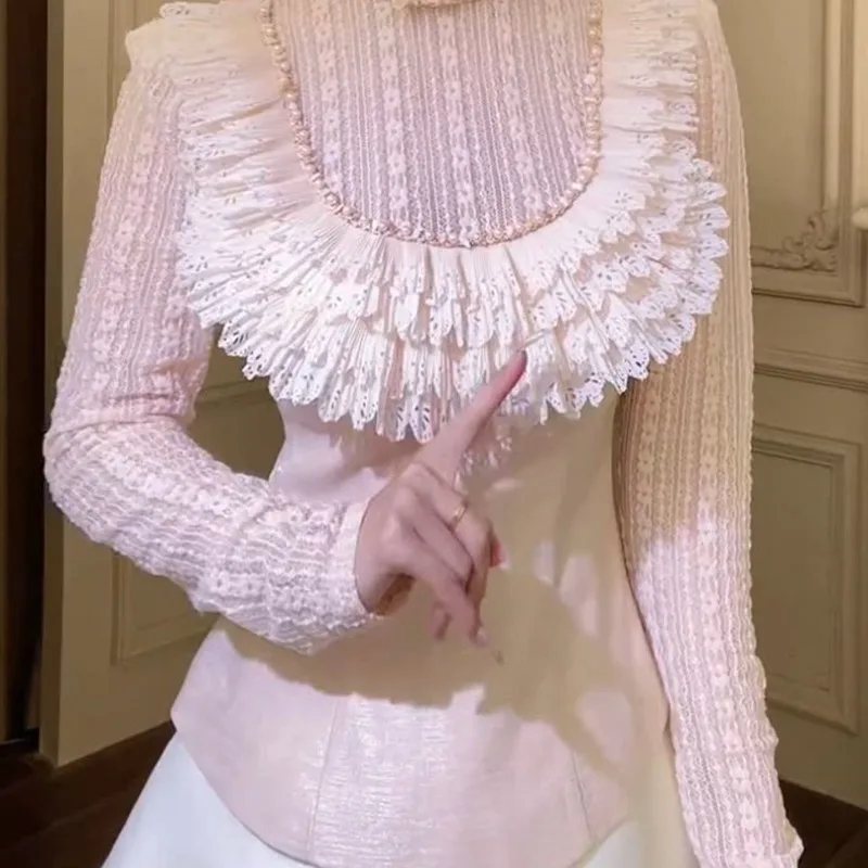 Chemise à manches longues pour femmes, rétro français, industrie lourde, perles d'ongles, nouvelle mode d'automne 2025, taille polyvalente, haut amincissant