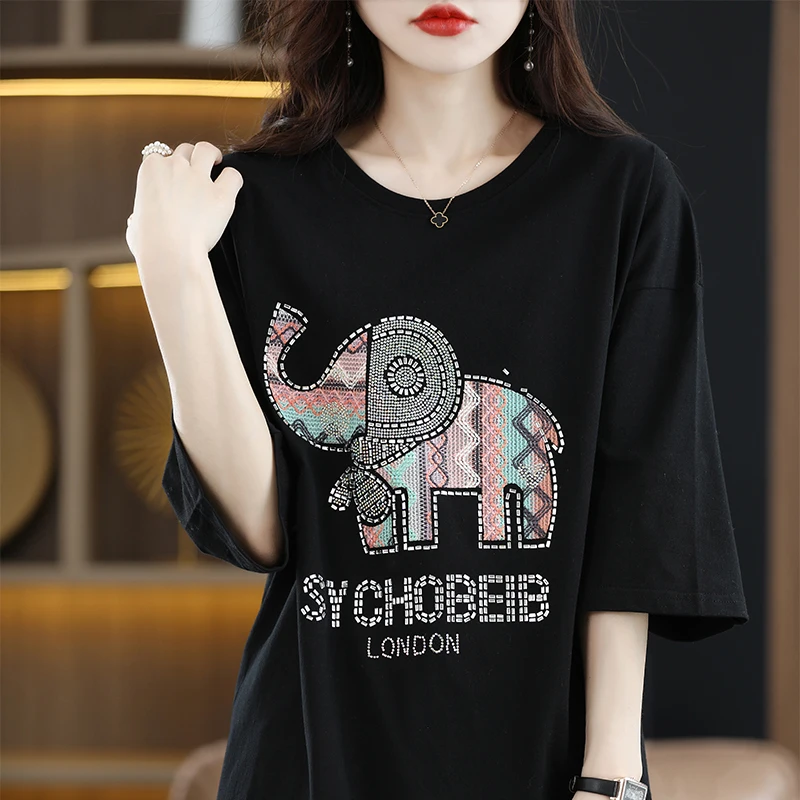 Summer New 100% Cotton Rhinestone T-shirt Women's Loose Short Sleeves To Increase The Long Raglan Jacket