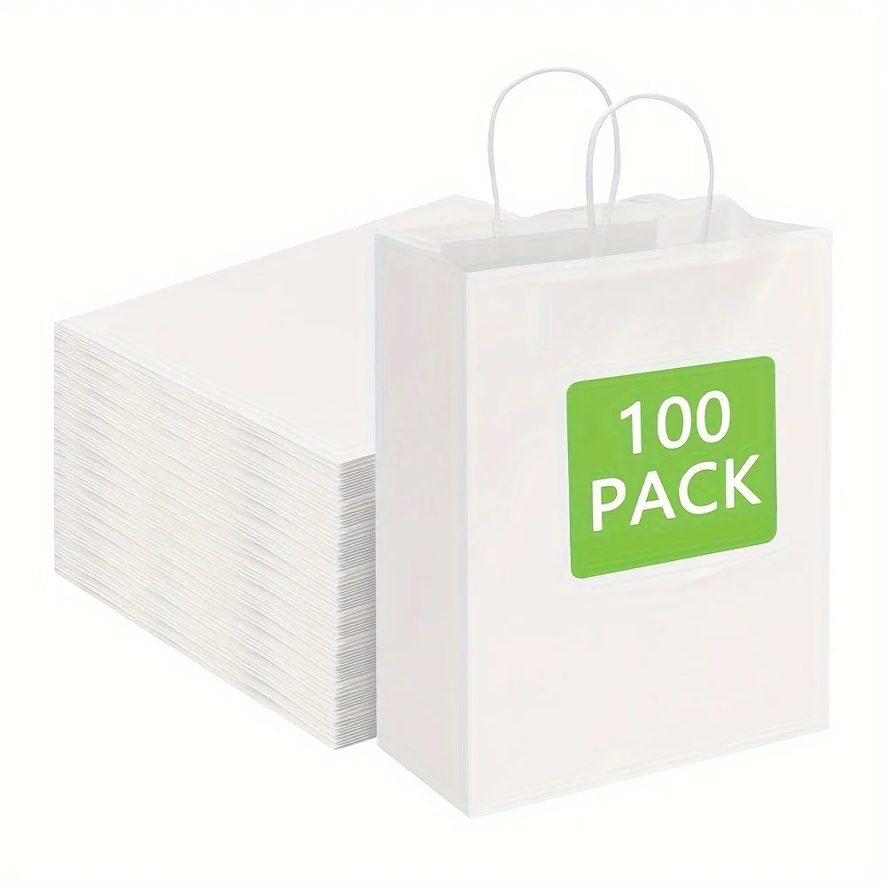 50 Piece White Kraft Paper Gift Bags With Handles - 8X5.2X3.2