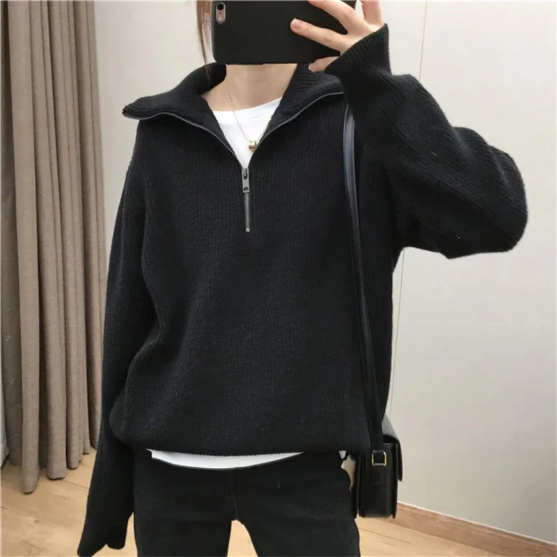 

Autumn Winter Women Sweater Oversize Zipper Knitted Pullover Long Sleeve Solid Color Loose Ladies Sweaters Women's Turtleneck