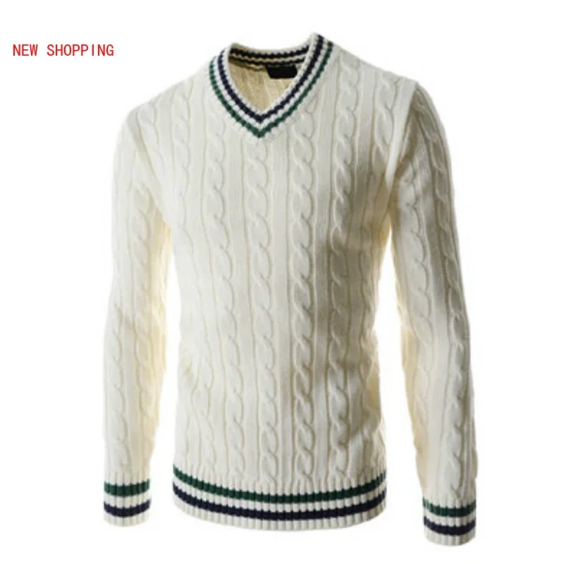 

2023 New Knitted Pullover Man Knit Sweater Casual V-neck Men's Winter Clothing Slim Fit Korean Tops Vintage Thick Sweaters White