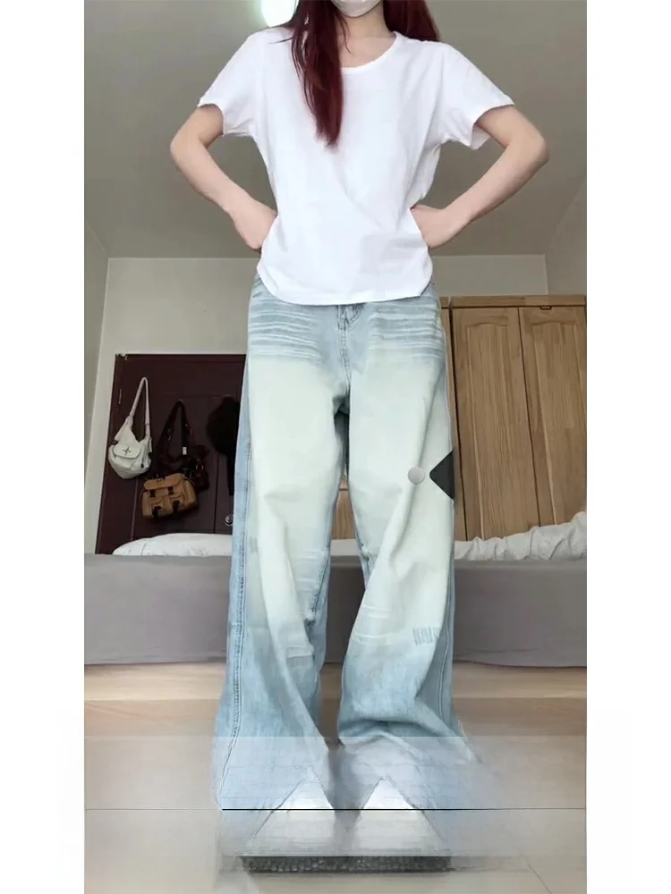 하이웨이스트 와이드 레그 아메리칸 웨이드 디스트레스드 데님 진 여성 가을 겨울 루즈 스트레이트 컷 롱 팬츠 여성용 청바지