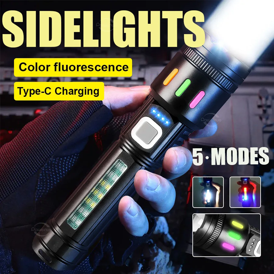High Power 5 Modes Flashlight Type-C Rechargeable Lantern with Emergency Side Lights Zoom Tactical Torch for Fishing Camping