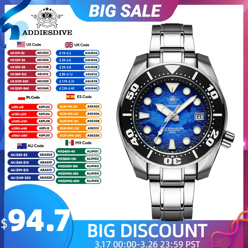 ADDIESDIVE Top brand Men Luxury WatchAD2102 200m Waterproof BGW9 Super luminous relogios masculinos Automatic Mechanical Watches