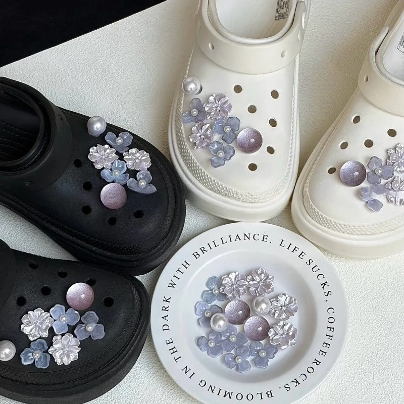Vintage Gothic Dark Purple Camellia Set Shoe Charms Accessories for Slide Sandals Clogs DIY Decoration Shoe Buckle Pins Gifts