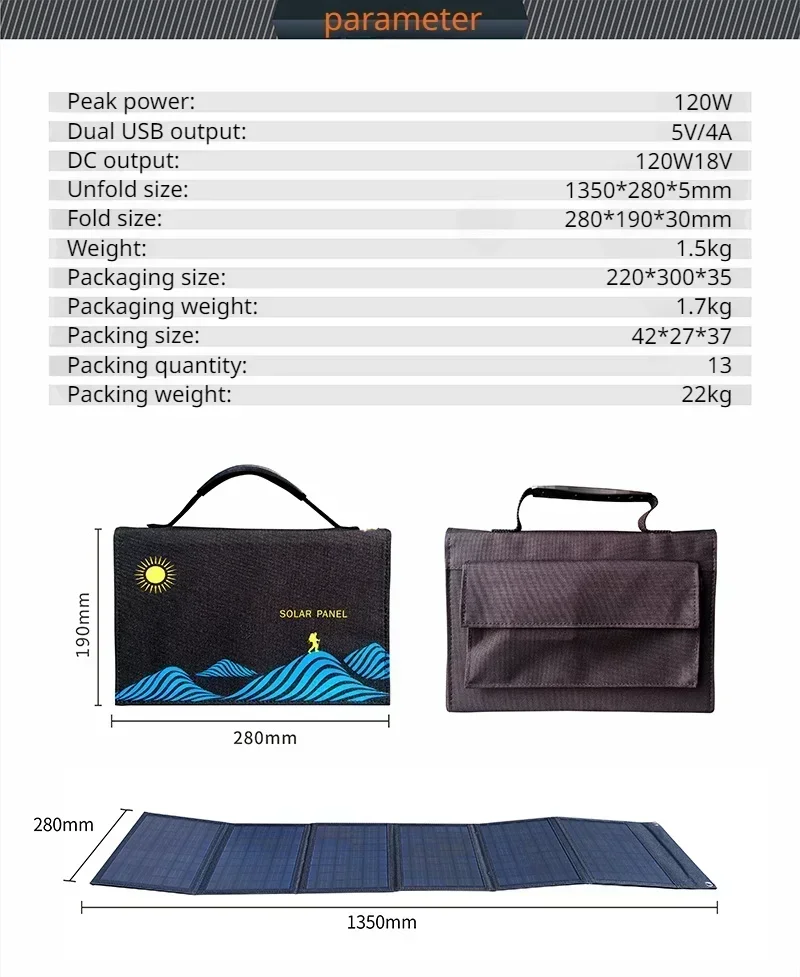 BMAD-Solar Panel Charger Foldable Solar Plate 5V USB Safe Charge Cell Phone Charger for Home Outdoor Camp 120W Plus Size