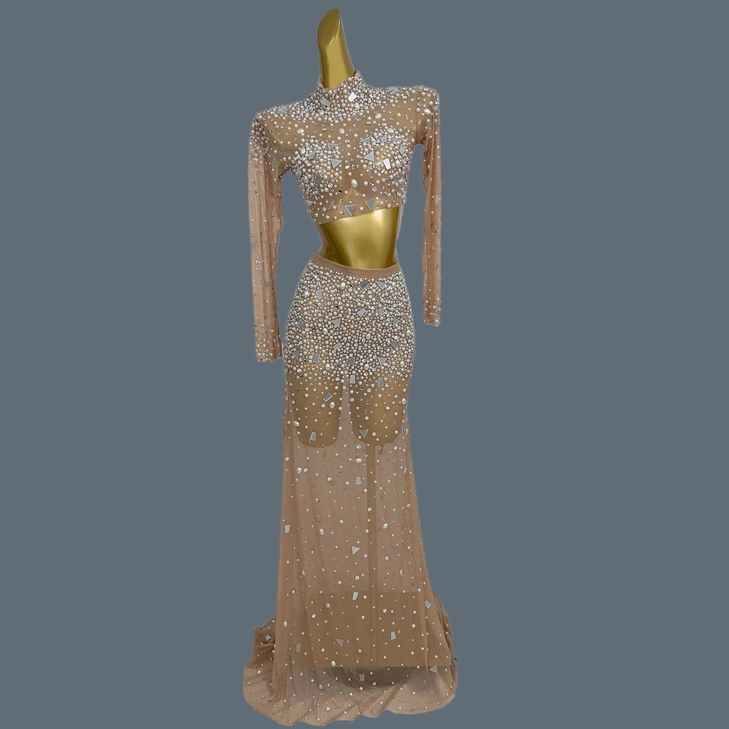 Elegant Low-cut See Through Mesh Crop Tops Long Skirt 2Pieces Set Birthday Prom Gown Luxury Pearls Sequins Long Dress Didifenti