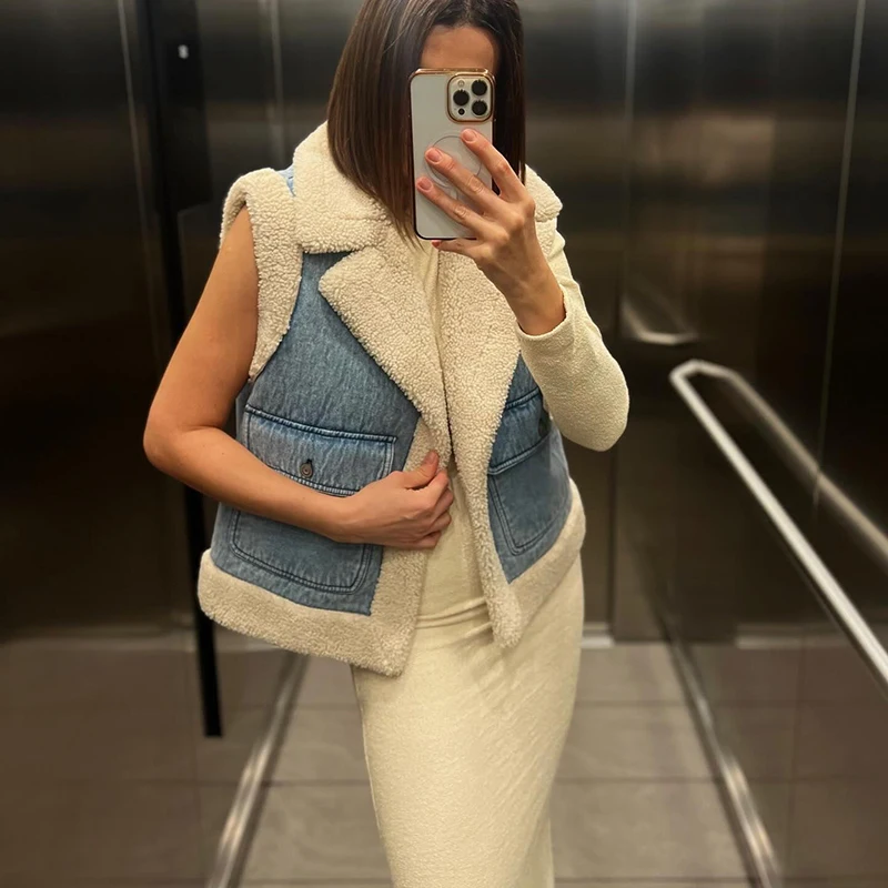 Women's Vest Winter Fashion Faux Shearling Cardigan Autumn Waistcoat Sleeveless Lapel Collar Female Outerwear Clothing Mujer