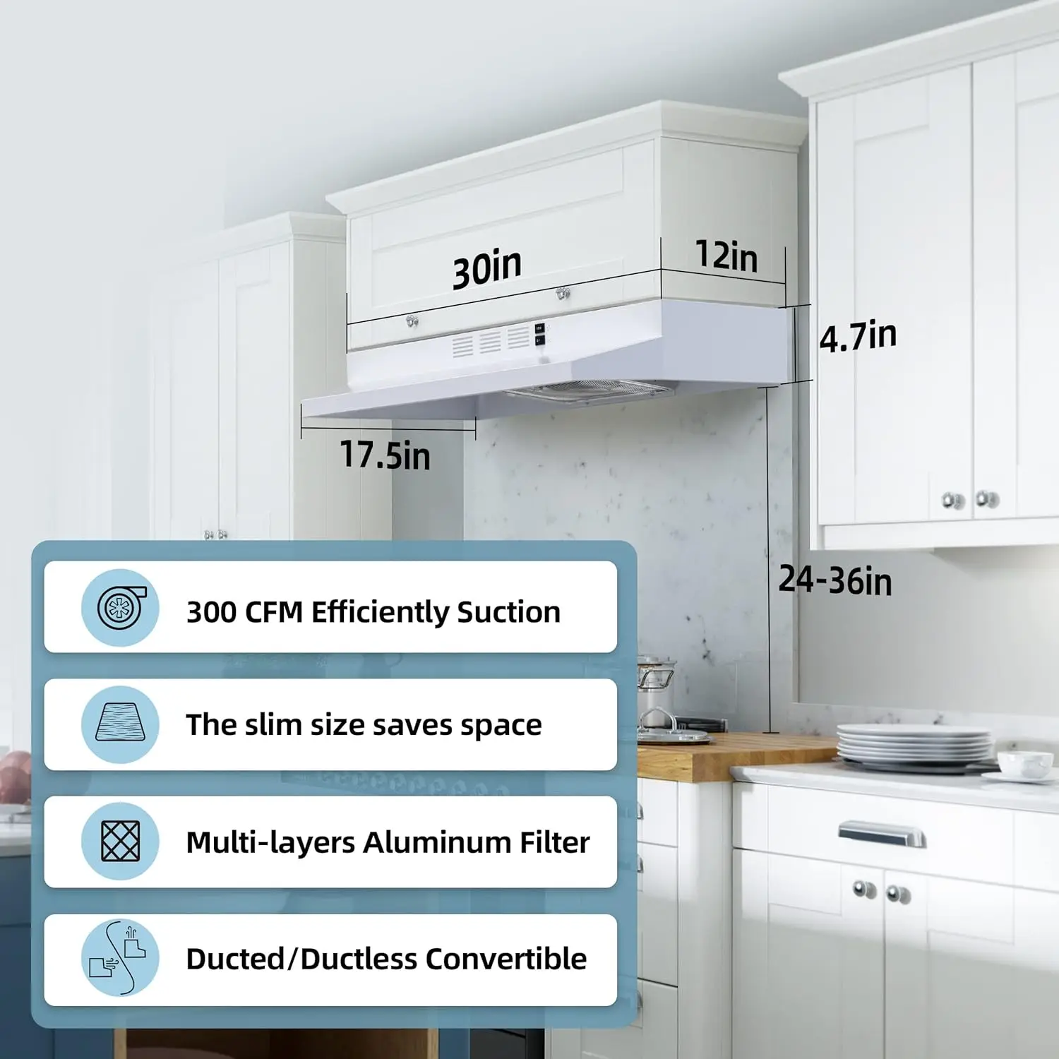 

Range Hood 30 inch Under Cabinet Range Hood with 2 Speed Exhaust Fan,Ducted/Ductless Convertible,Rocker Button Control,300 CFM